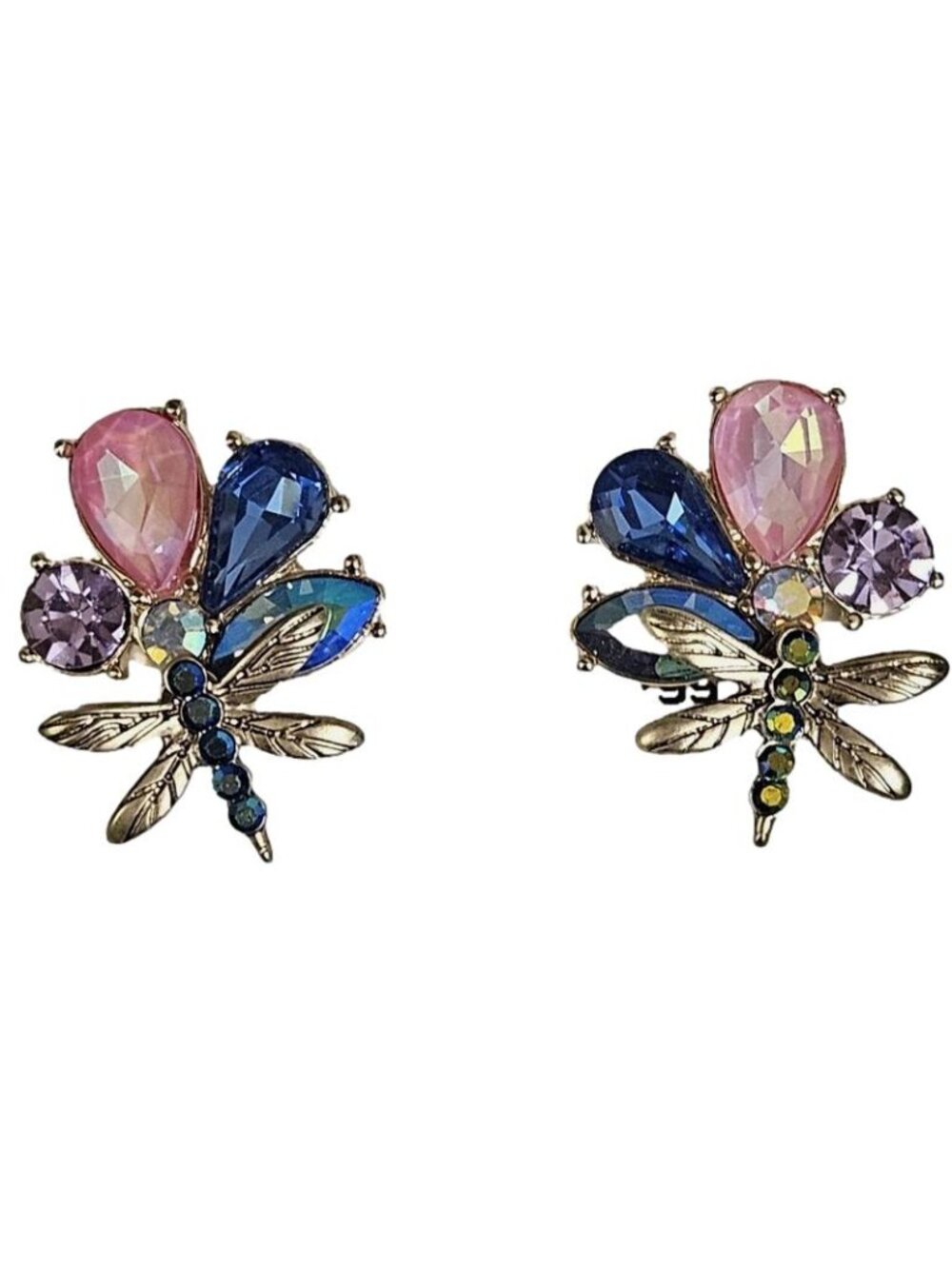 Betsey Johnson Dragonfly Cluster Stud Earrings Rhinestones Multicolor
